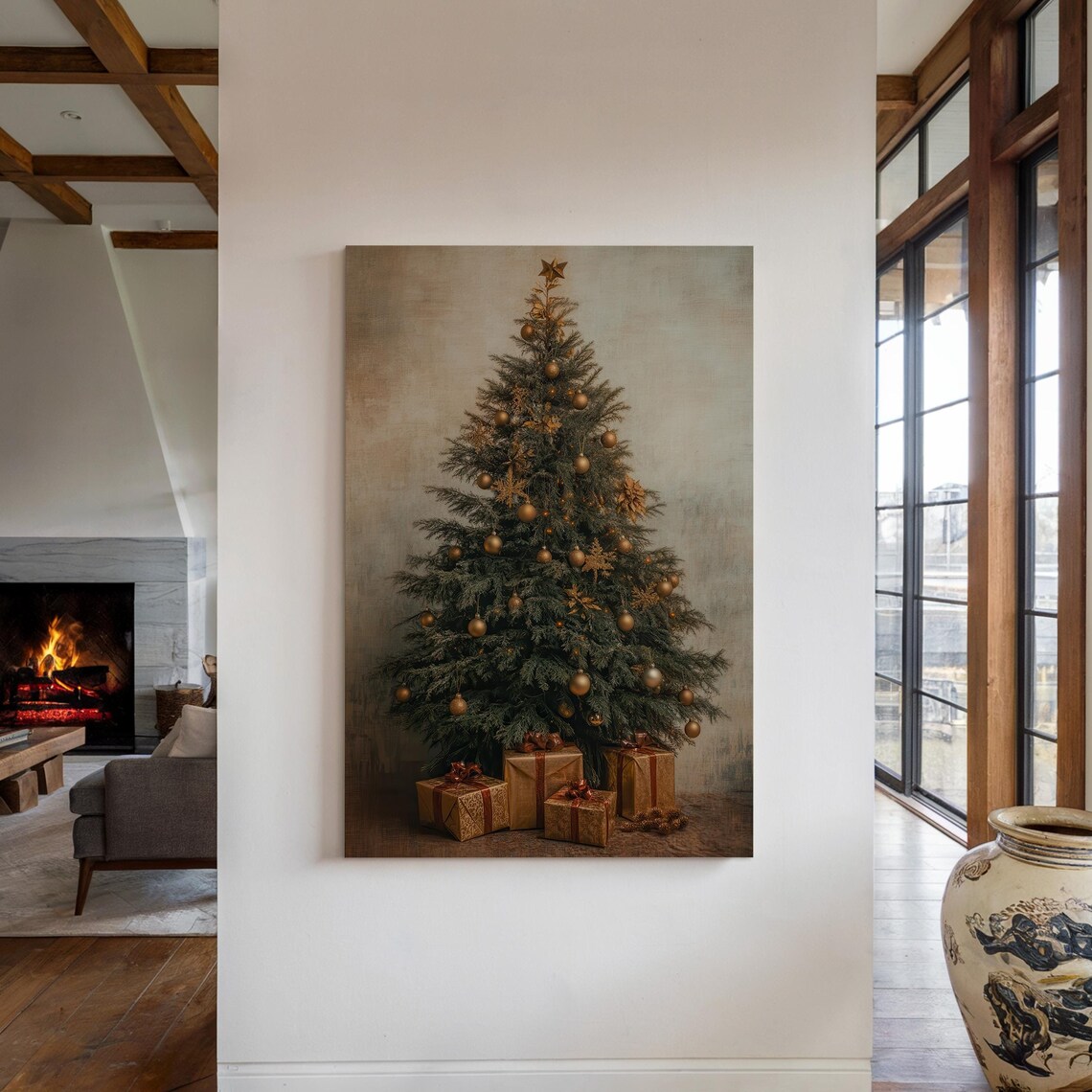Rustic Christmas Tree With Gold Ornaments And Kraft Paper Gifts Poster