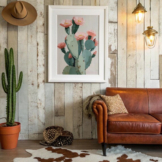 Blooming Prickly Pear Cactus Pink Flowers Botanical Wall Art