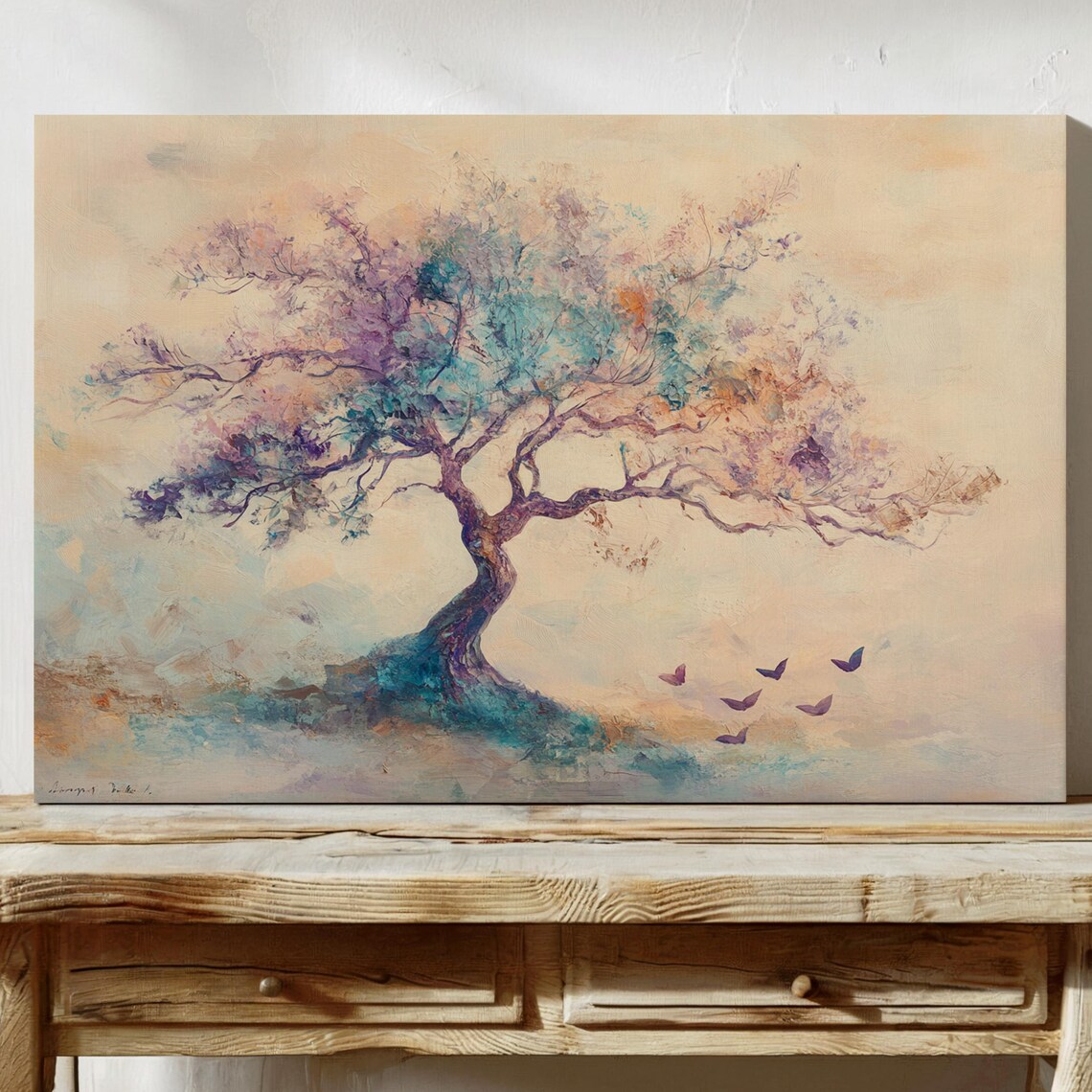 Windswept Pastel Tree With Birds Dreamy Abstract Painting Wall Art