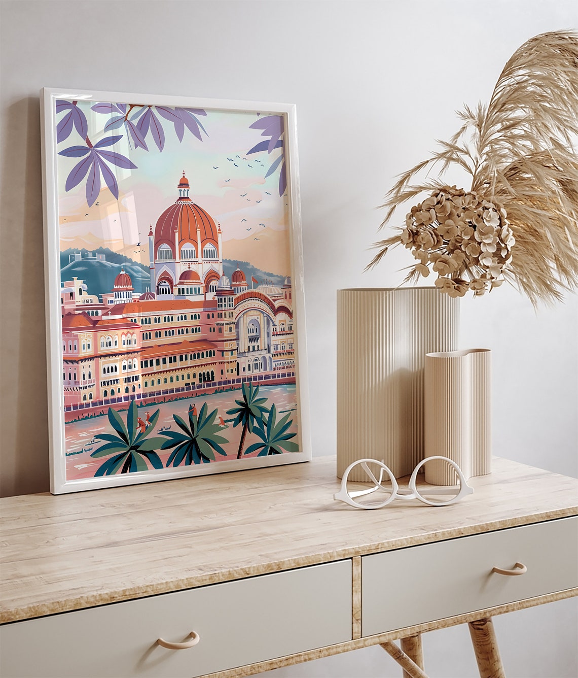 Pink Domed Delhi Monument Sunset Palms Pastel Indian Travel Poster - Image 3