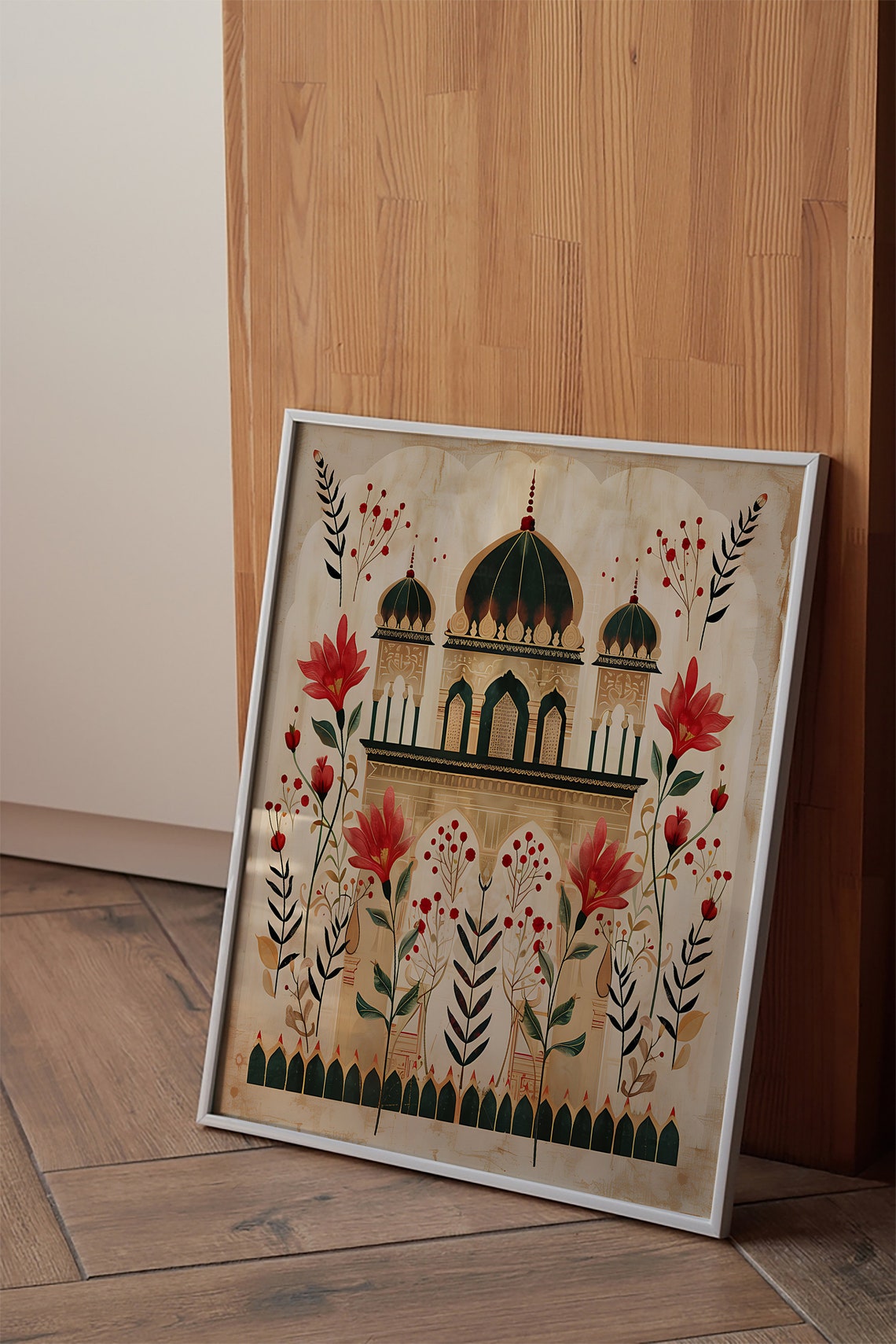Vintage Rajasthani Domed Shrine Red Florals Aged Paper Art Poster - Image 2