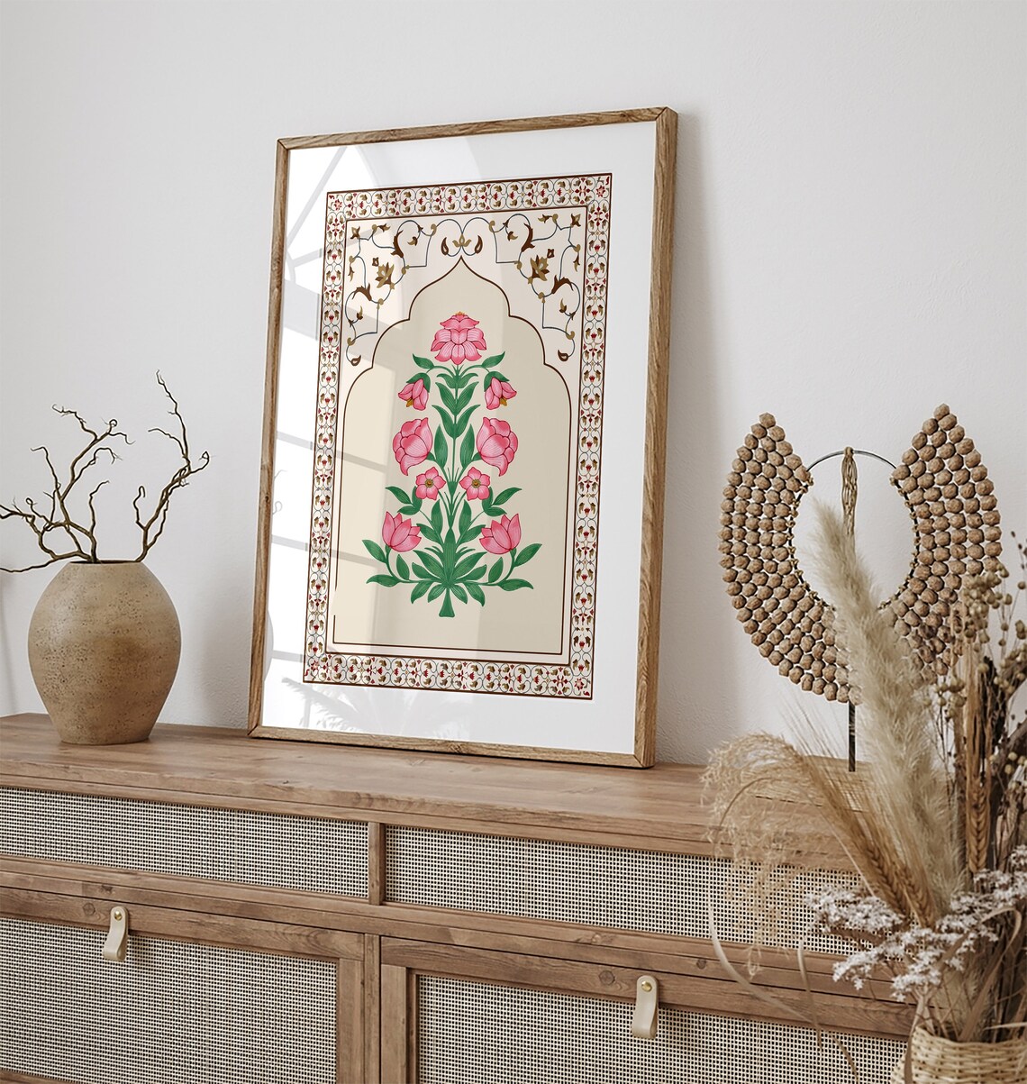 Pink Mughal Tulip Bouquet Arched Niche Indian Floral Art Poster - Image 3