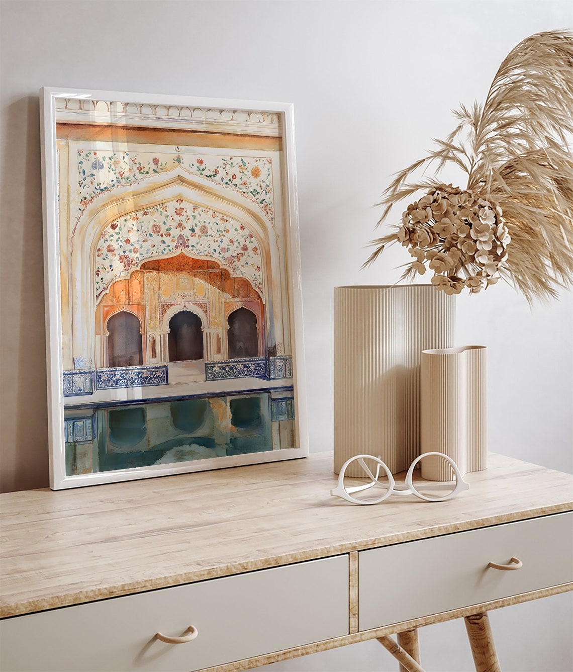 Jaipur Floral Painted Archway Blue Tile Water Reflection Art Poster - Image 3