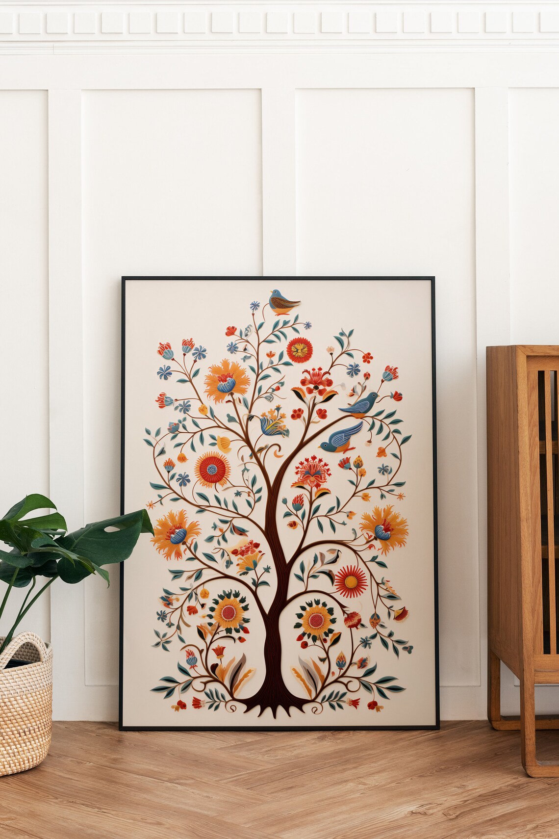 Folk Art Tree Of Life Blue Birds Orange Flowers Cream Wall Poster - Image 3