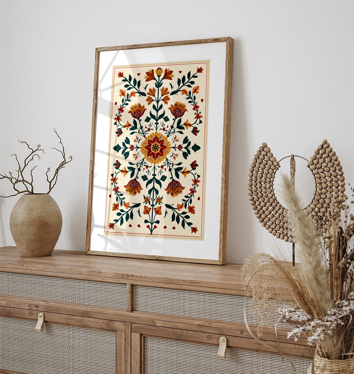 Gold Red Mughal Floral Motif Symmetric Botanical Artwork Poster - Image 3
