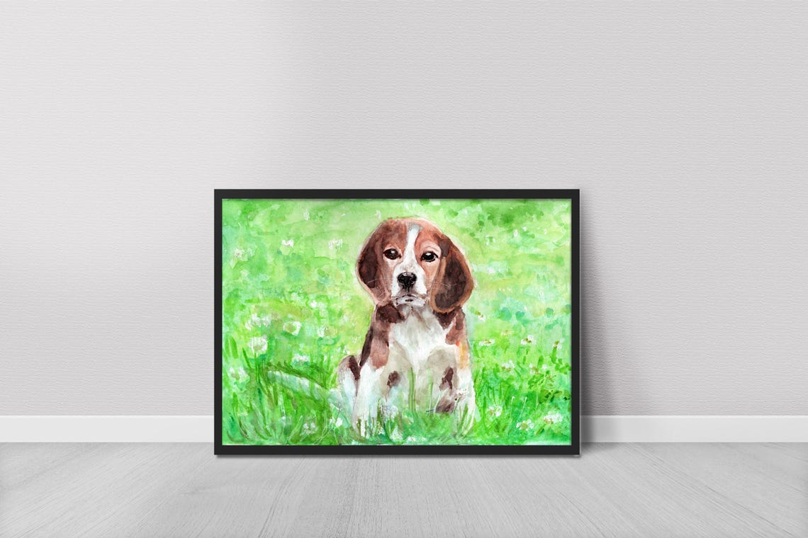 Beagle Puppy Watercolor Painting in a Green Wildflower Meadow Poster