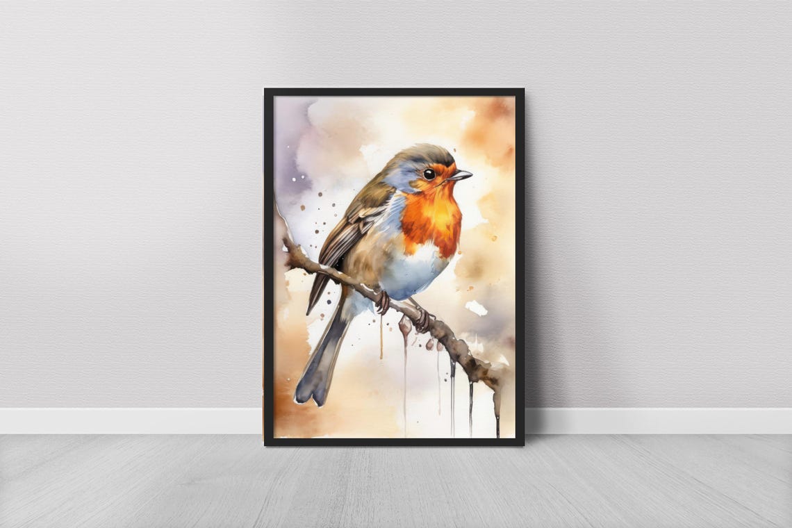 European Robin Watercolor Painting Perched on Branch Bird Art Poster