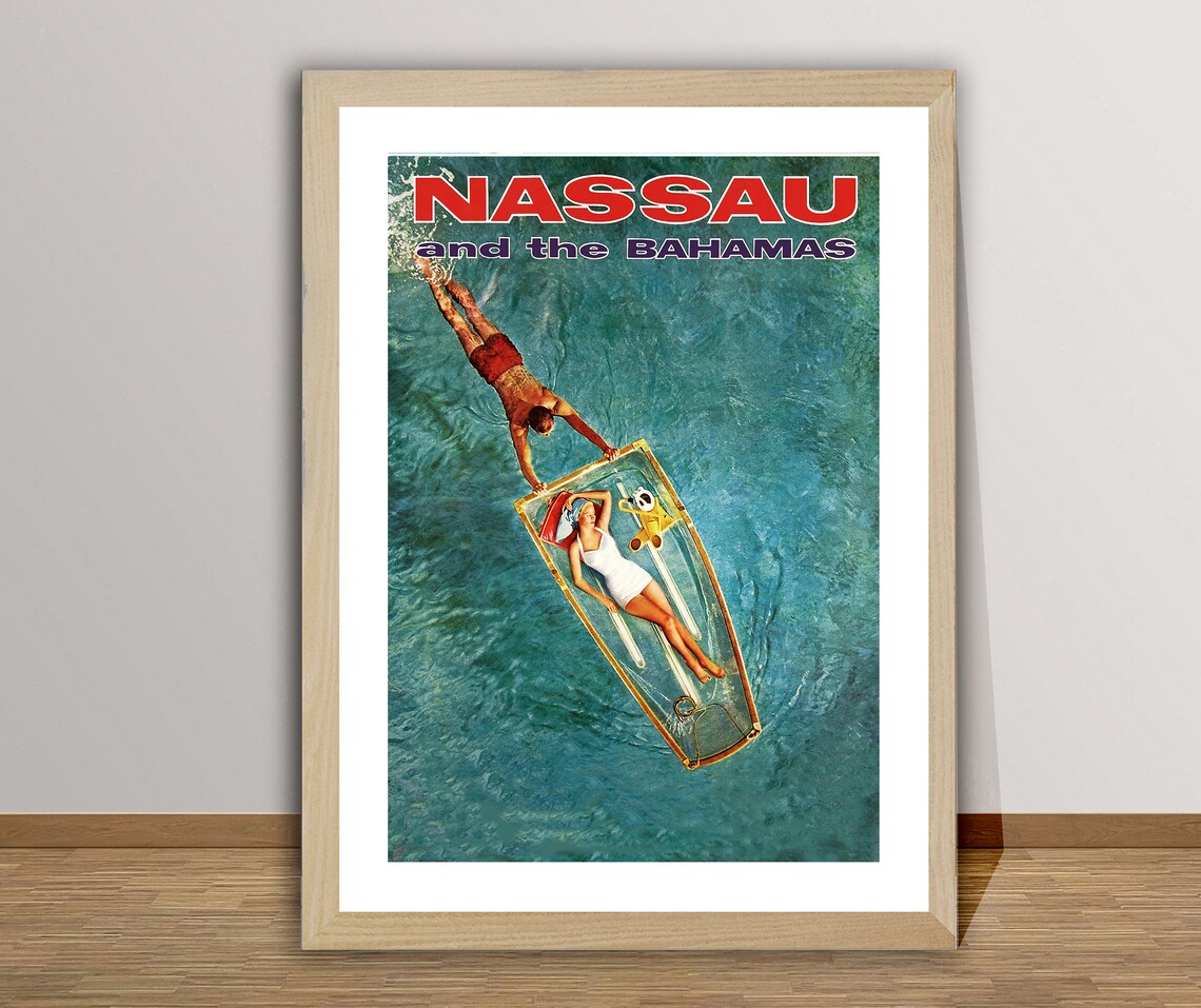 Nassau and the Bahamas Vintage Travel Poster Glass Bottom Boat Diver