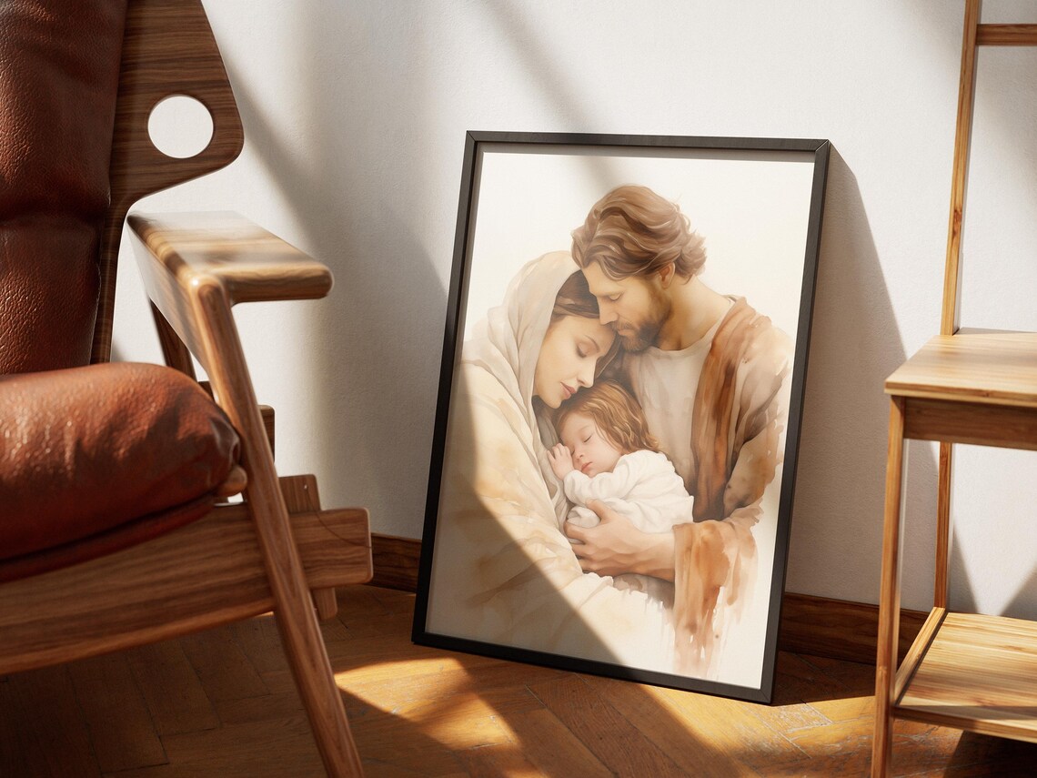 Holy Family Tender Embrace Watercolor Christian Faith Art Poster - Image 2