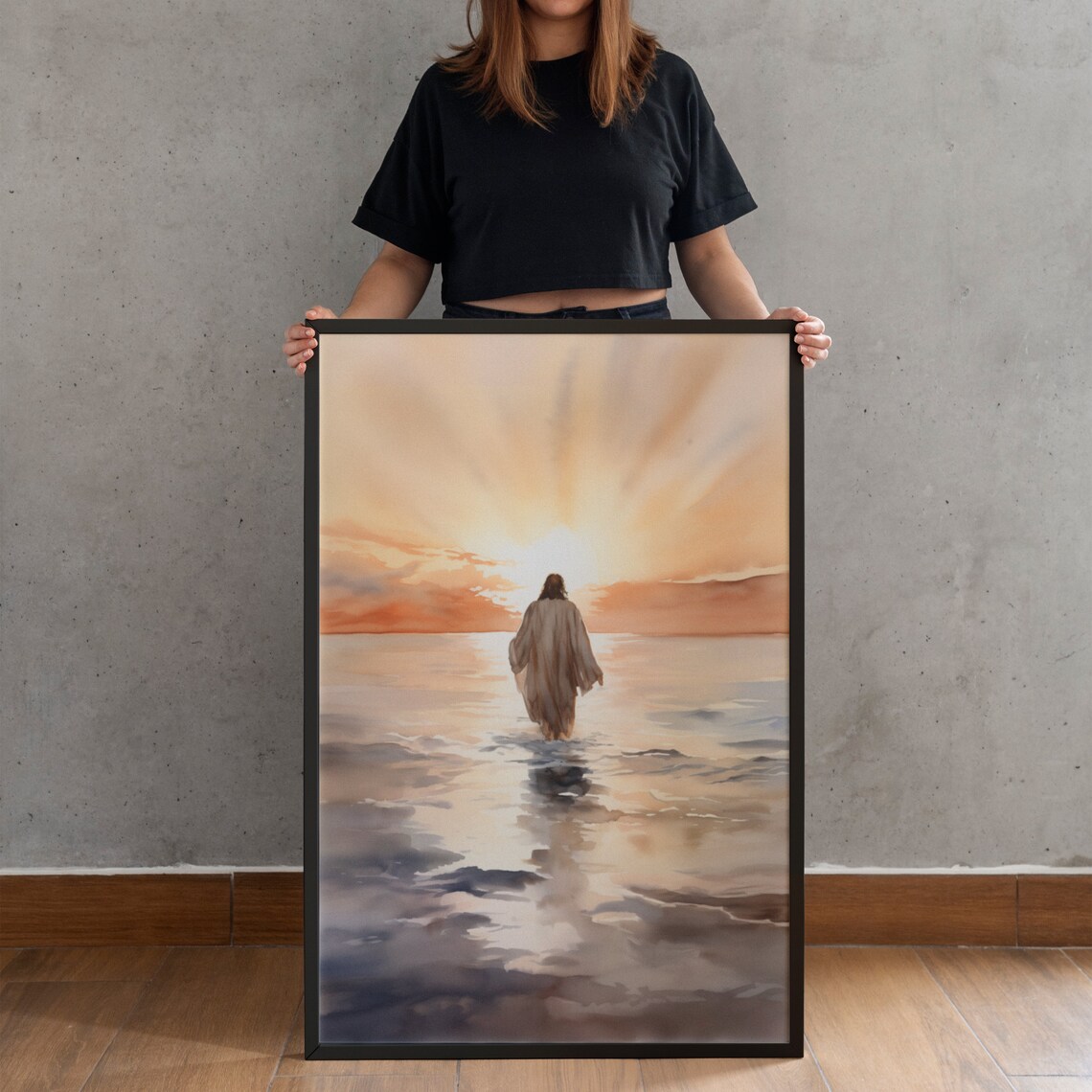 Jesus Christ Walking on Water Sunrise Watercolor Christian Faith Poster - Image 4