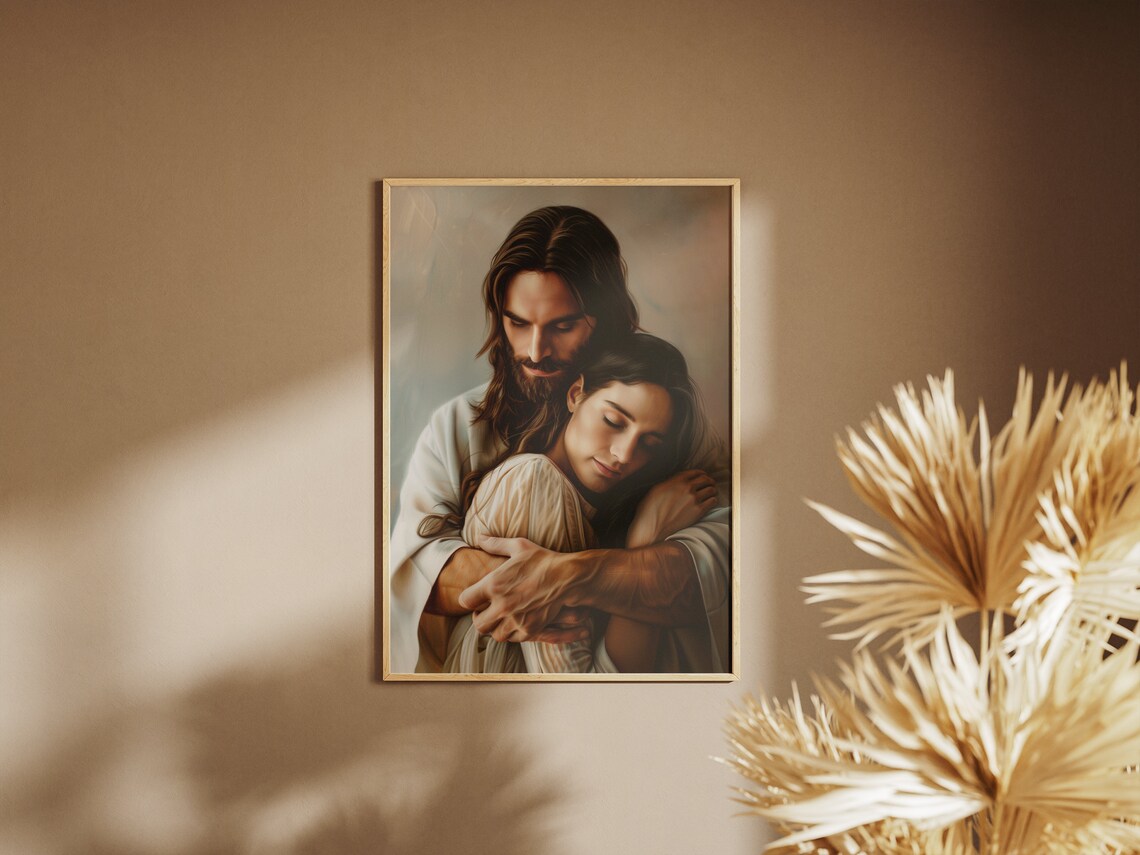 Jesus Christ Embracing Woman Resting Heart Painting Faith Gift Poster - Image 3