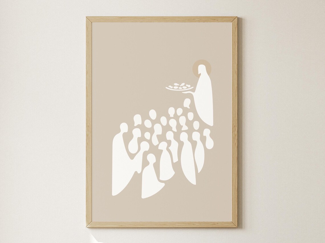 Jesus Feeding the 5000 Minimalist Line Art Boho Christian Faith Poster
