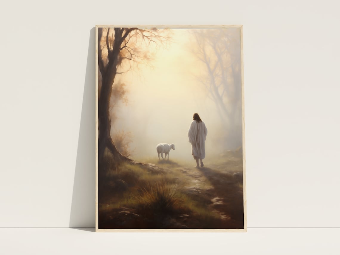 Jesus Christ Good Shepherd Misty Forest Path Lamb Painting Faith Poster