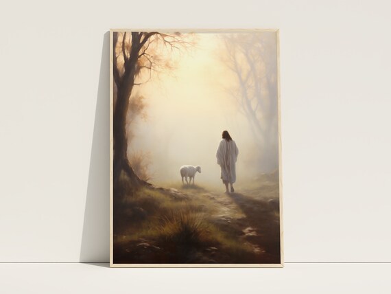 Jesus Christ Good Shepherd Misty Forest Path Lamb Painting Faith Poster