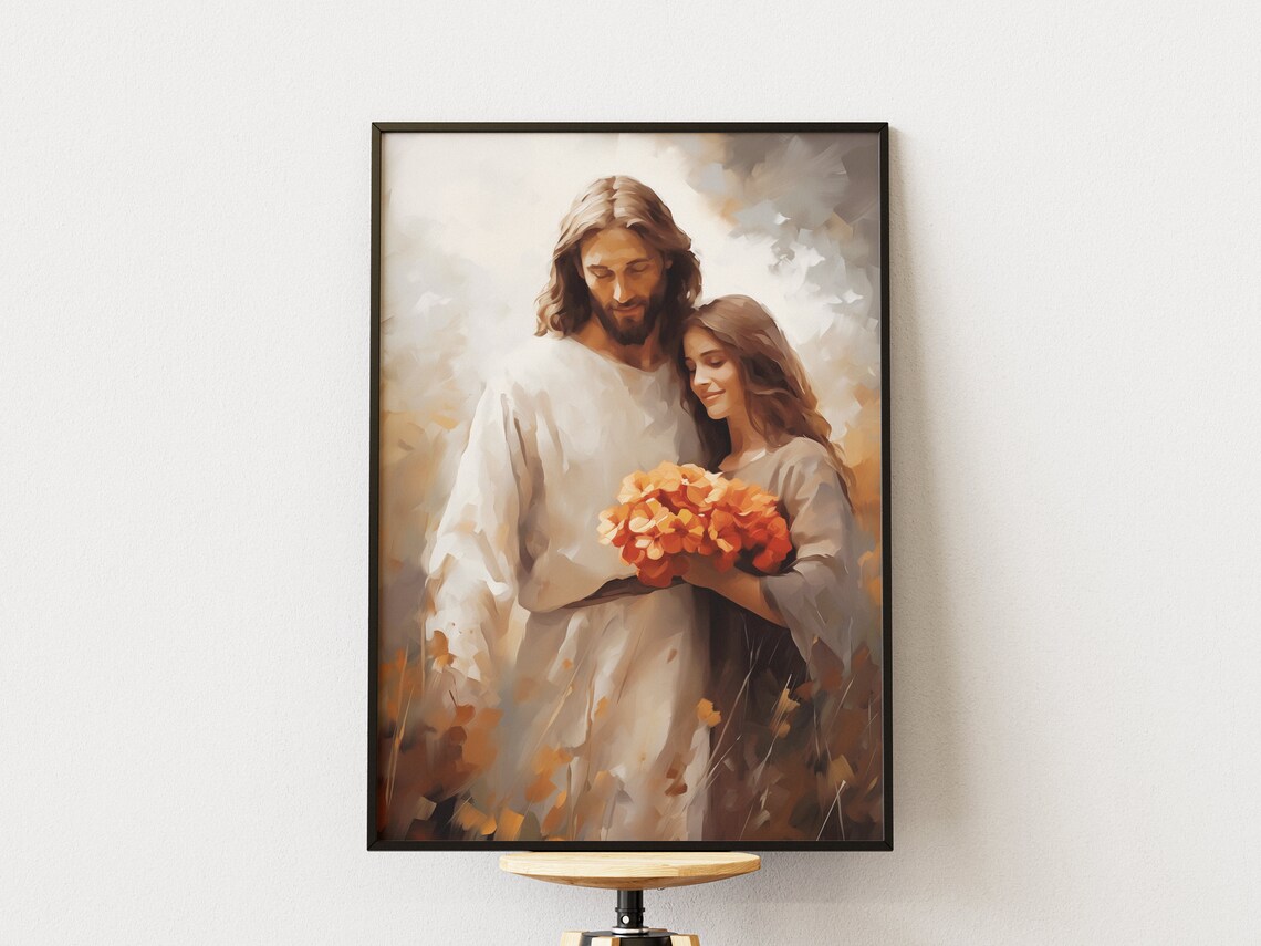 Jesus Christ and Woman Autumn Flowers Painting Christian Gift Poster - Image 2