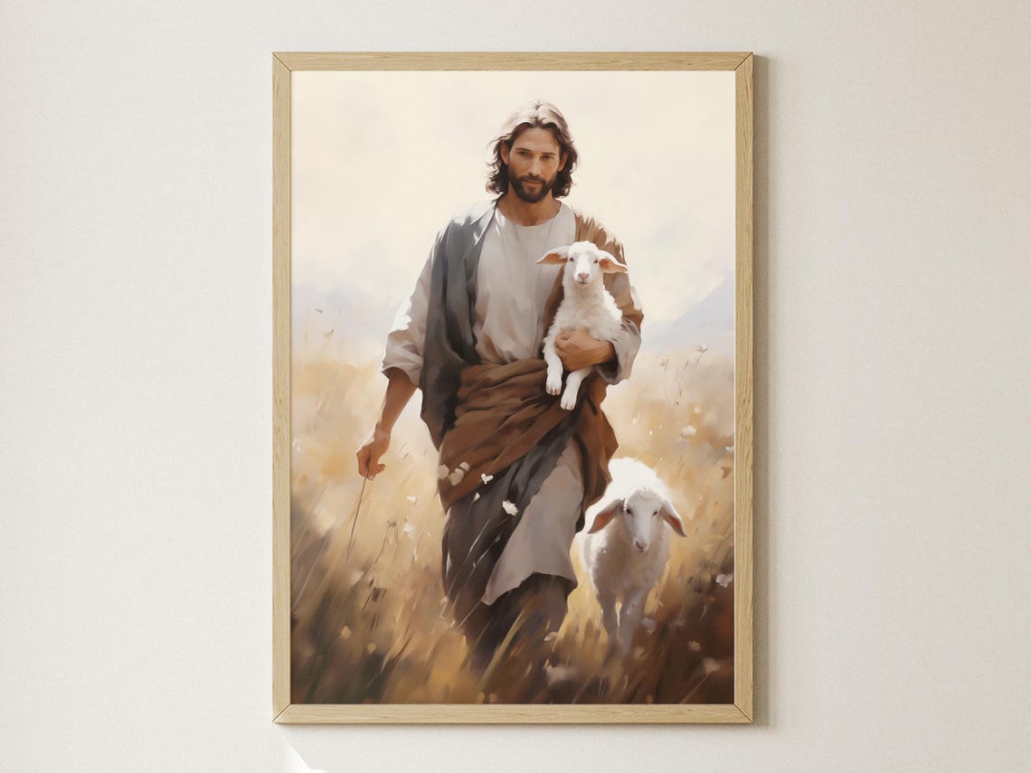 Jesus Christ Good Shepherd Carrying Lamb Field Painting Faith Poster