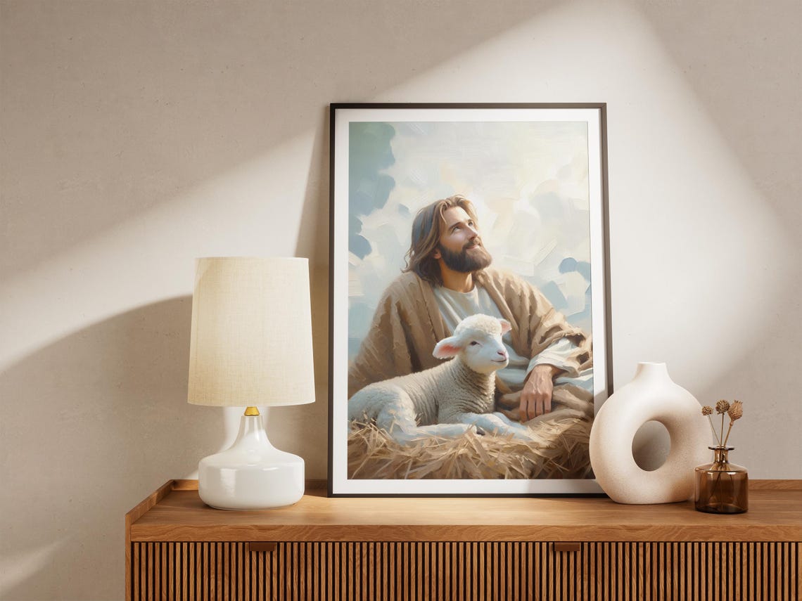 Jesus Seated with Lamb Looking to Heaven Watercolor Art Poster - Image 4