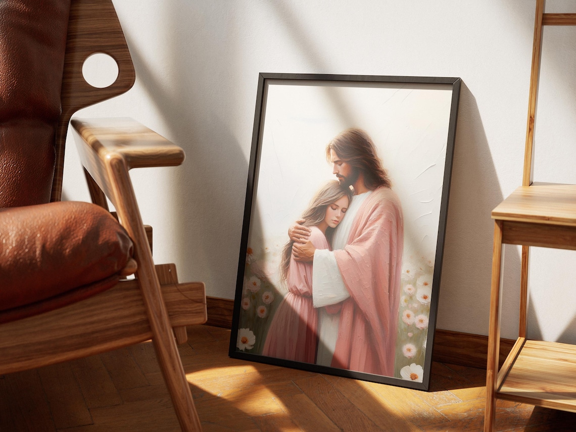 Jesus Christ Hugging Woman Daisy Field Painting Comfort Faith Poster - Image 2