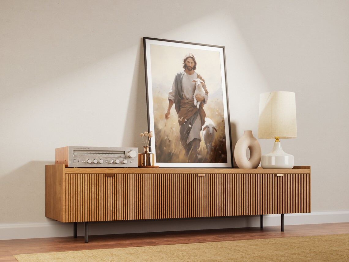 Jesus Christ Good Shepherd Carrying Lamb Field Painting Faith Poster - Image 2