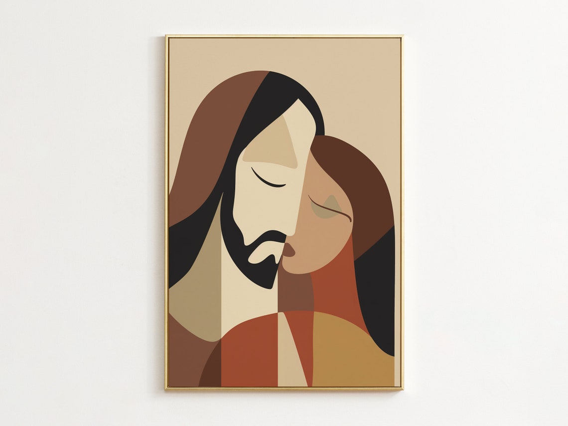Jesus and Woman Abstract Boho Faces Painting Warm Faith Art Poster