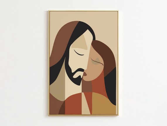 Jesus and Woman Abstract Boho Faces Painting Warm Faith Art Poster
