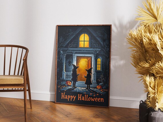 Happy Halloween Trick-Or-Treaters Night Scene Vintage House Poster