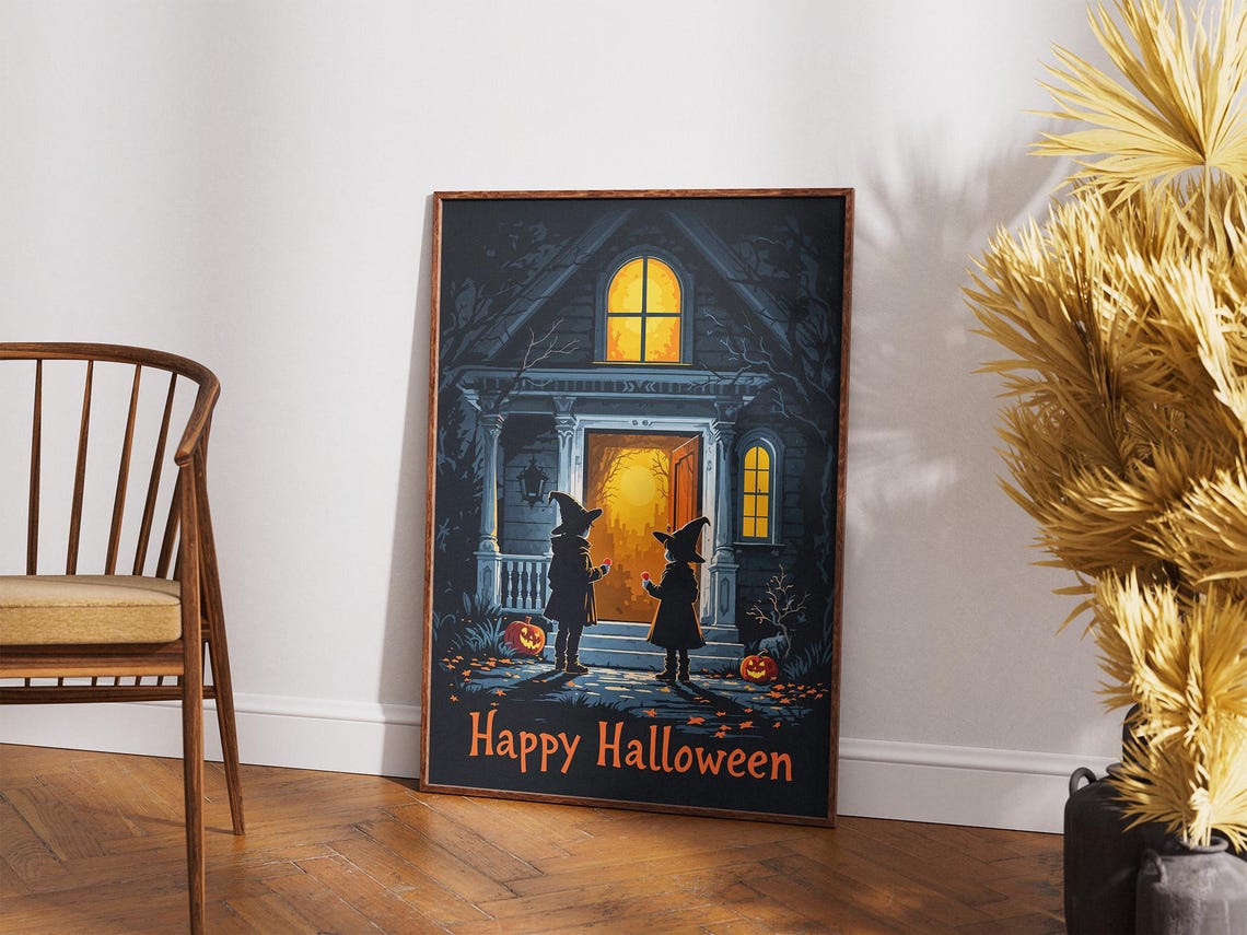 Happy Halloween Trick-Or-Treaters Night Scene Vintage House Poster