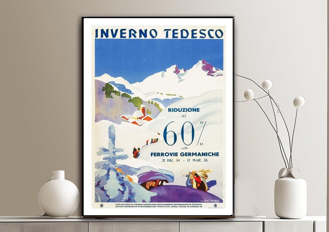 Inverno Tedesco German Winter Ski Rail Offer Vintage Travel Poster