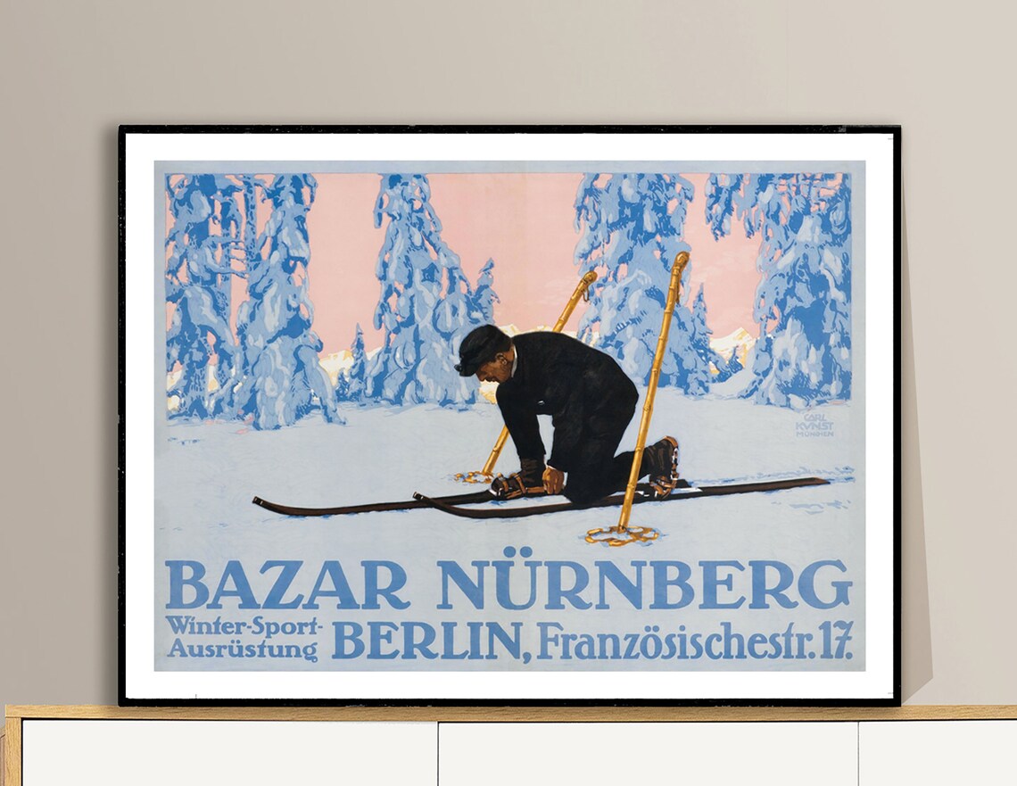 Bazar Nürnberg Berlin Winter Sport Skier Vintage Advertising Poster