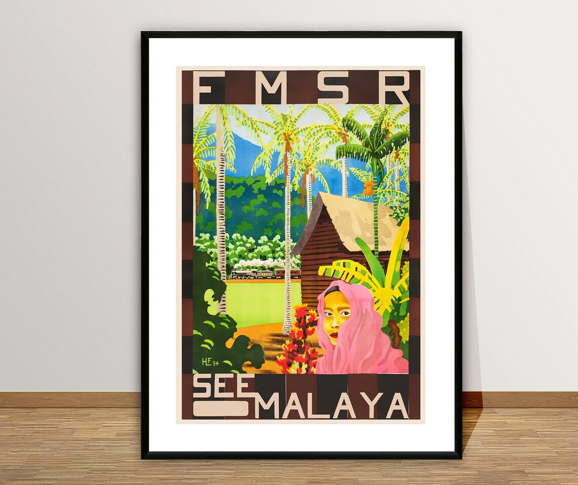 See Malaya FMSR Vintage Railway Travel Poster Tropical Village Scene - Image 2