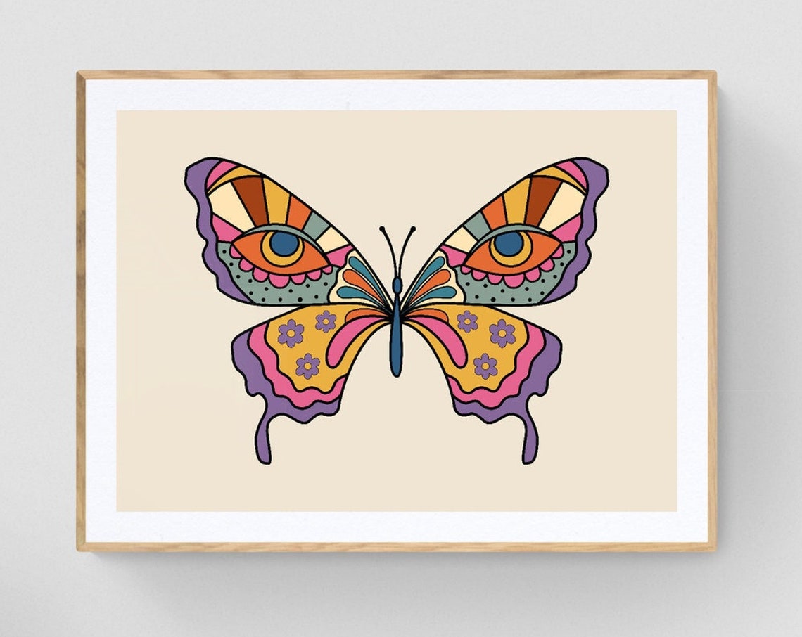 Retro 70s Butterfly Psychedelic Eye Wings Colorful Groovy Poster