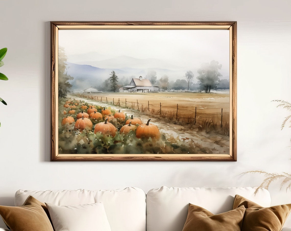 Pumpkin Patch on a Misty Autumn Farm Field Watercolor Landscape Poster