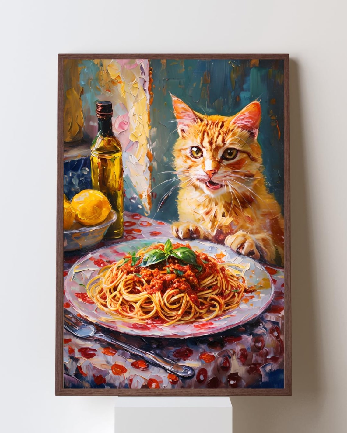 Ginger Cat Eyeing a Plate of Spaghetti Italian Kitchen Wall Art