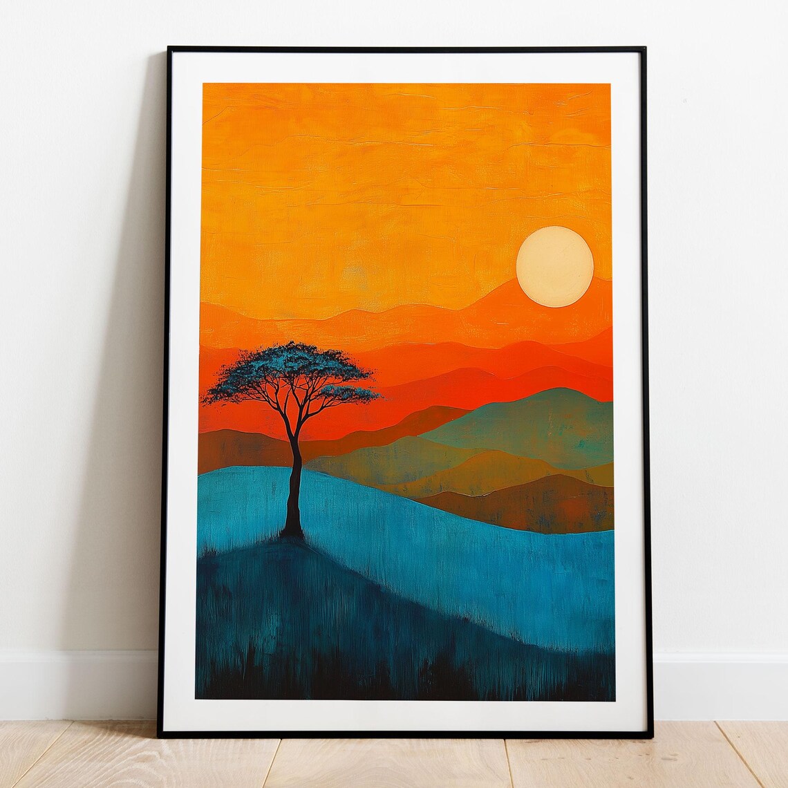 Lone Acacia Tree Blue Hills Orange Sunset Moon Abstract Landscape Poster