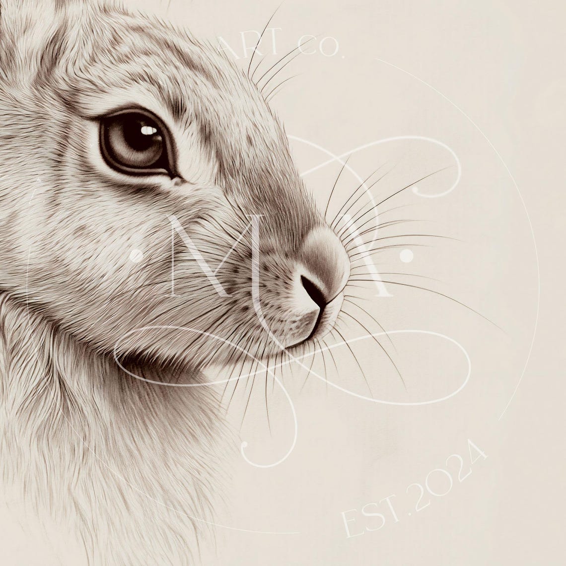 Wild Hare Sepia Portrait Sketch Realistic Rabbit Face Wall Art