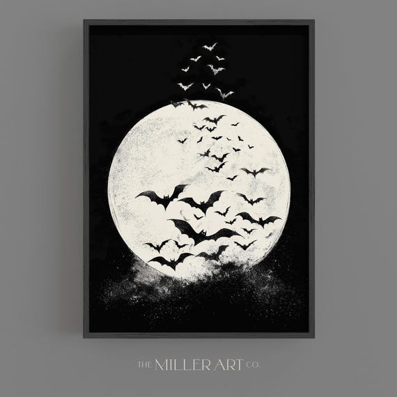 Flying Bats Full Moon Print Spooky Gothic Halloween Decor