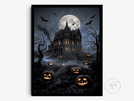 Haunted House Halloween Art Print Spooky Mansion Jack Olanterns Full Moon Bats