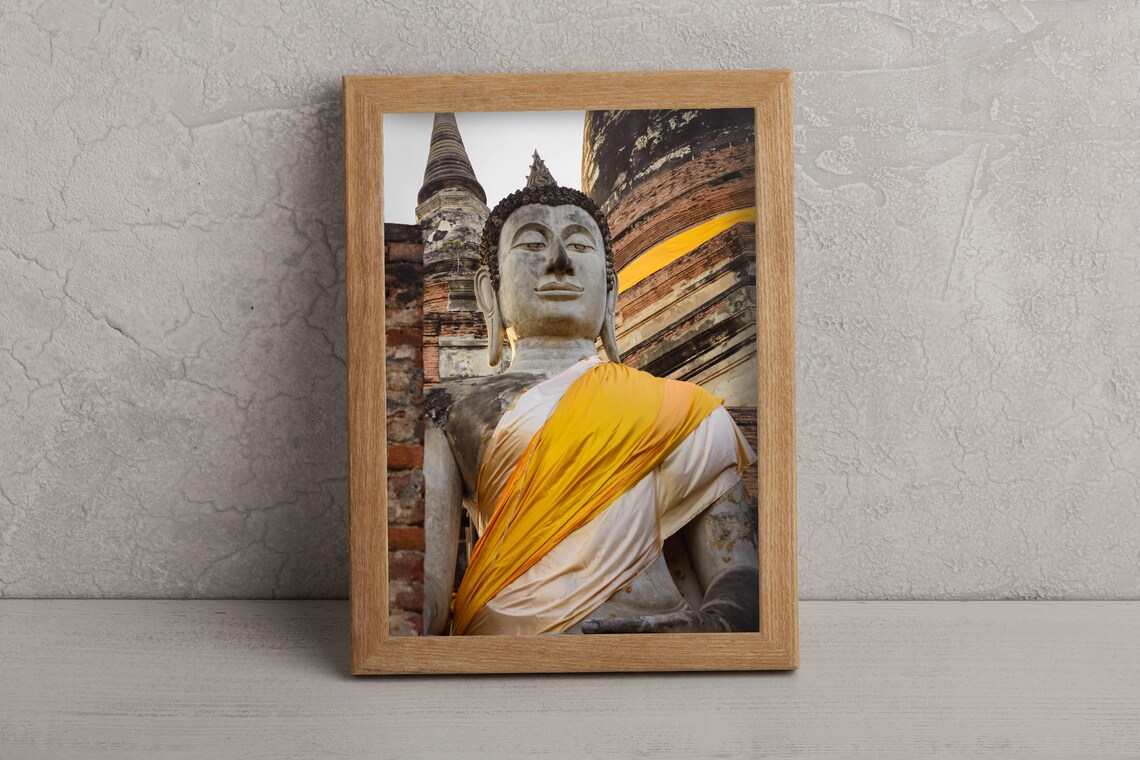Ayutthaya Buddha Statue Yellow Sash Thailand Temple Photography Wall Art