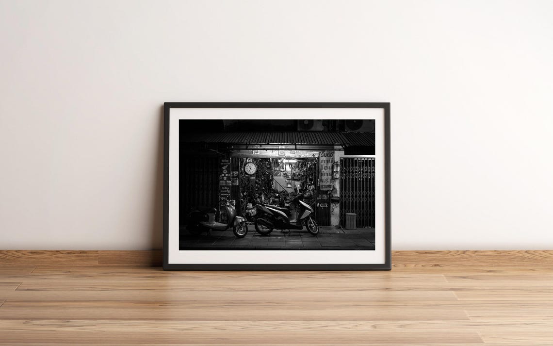 Black and White Night Garage Workshop with Scooters Street Poster