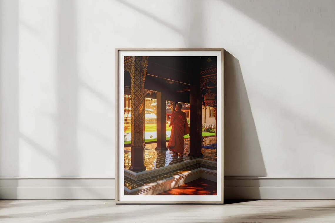 Buddhist Monk Orange Robe Thai Temple Golden Sunset Photo Poster