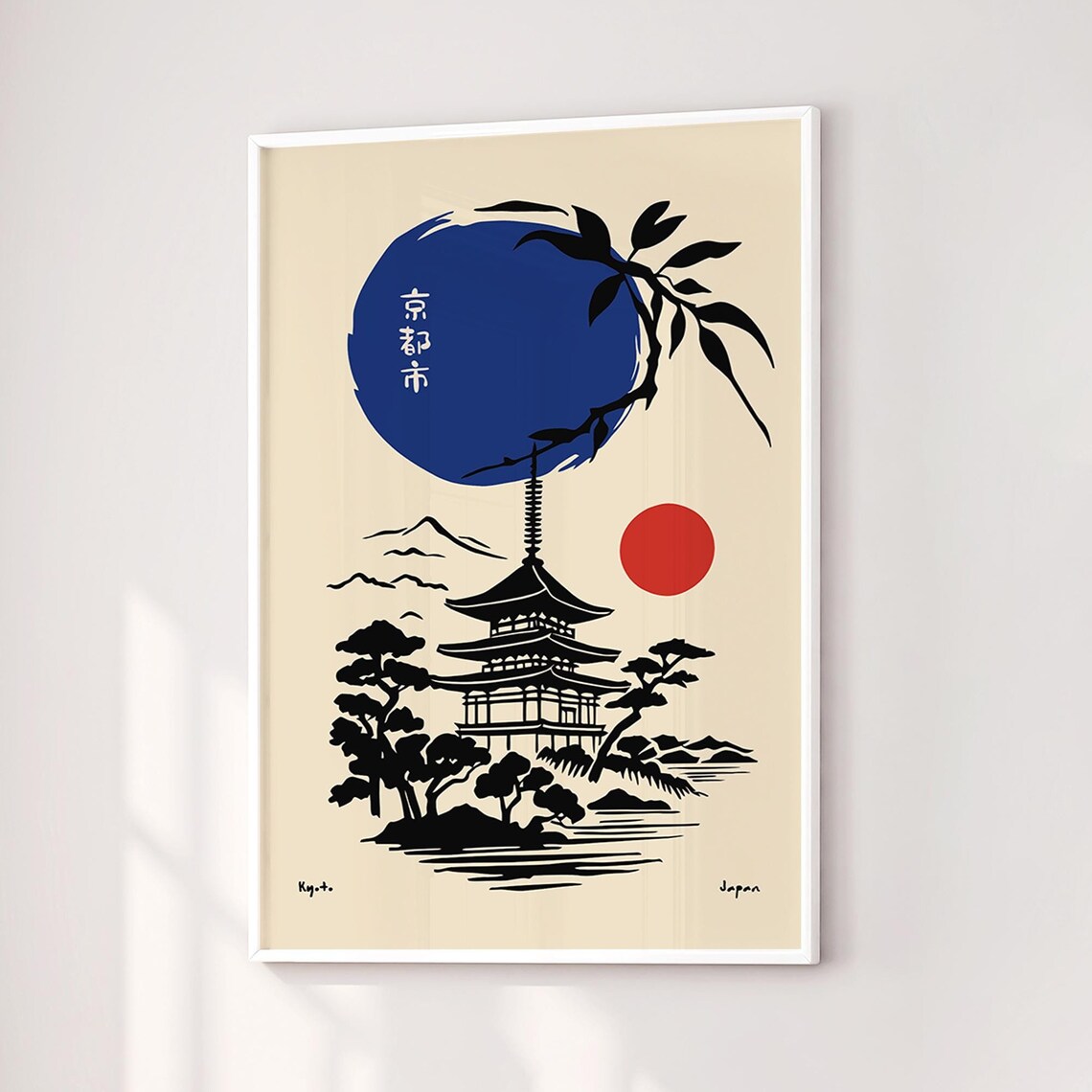 Kyoto Japan Pagoda Poster With Bold Red Sun And Indigo Moon Art