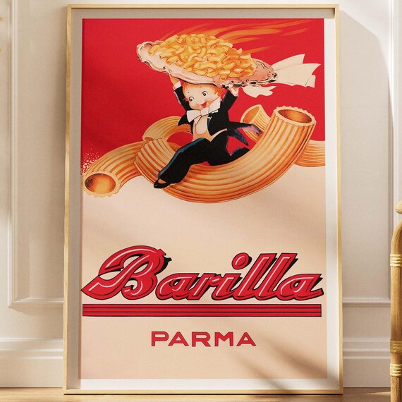 Vintage Barilla Macaroni Waiter Boy Giant Pasta Advertising Poster