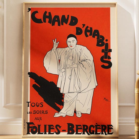 Vintage Pierrot French Poster Folies Bergere Print Cabaret Decor Belle Epoque Wall Art