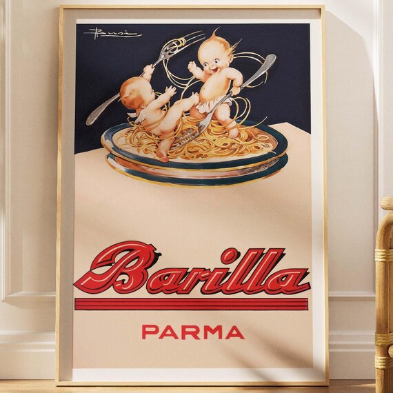 Vintage Barilla Parma Pasta Cherubs Spaghetti Advertising Poster