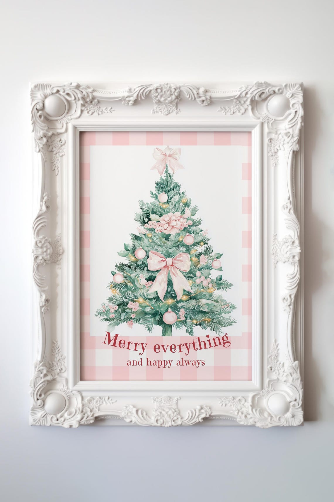 Pink Bow Christmas Tree Merry Everything Text on Pink Gingham Poster