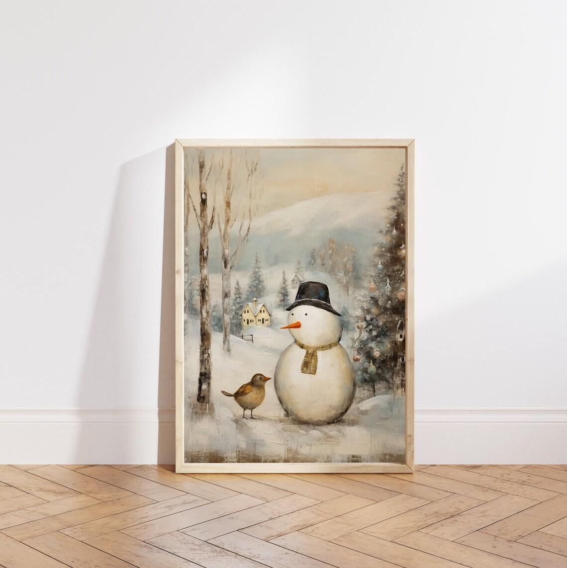 Cute Snowman with Bird in Snowy Christmas Village Art Poster - Image 6