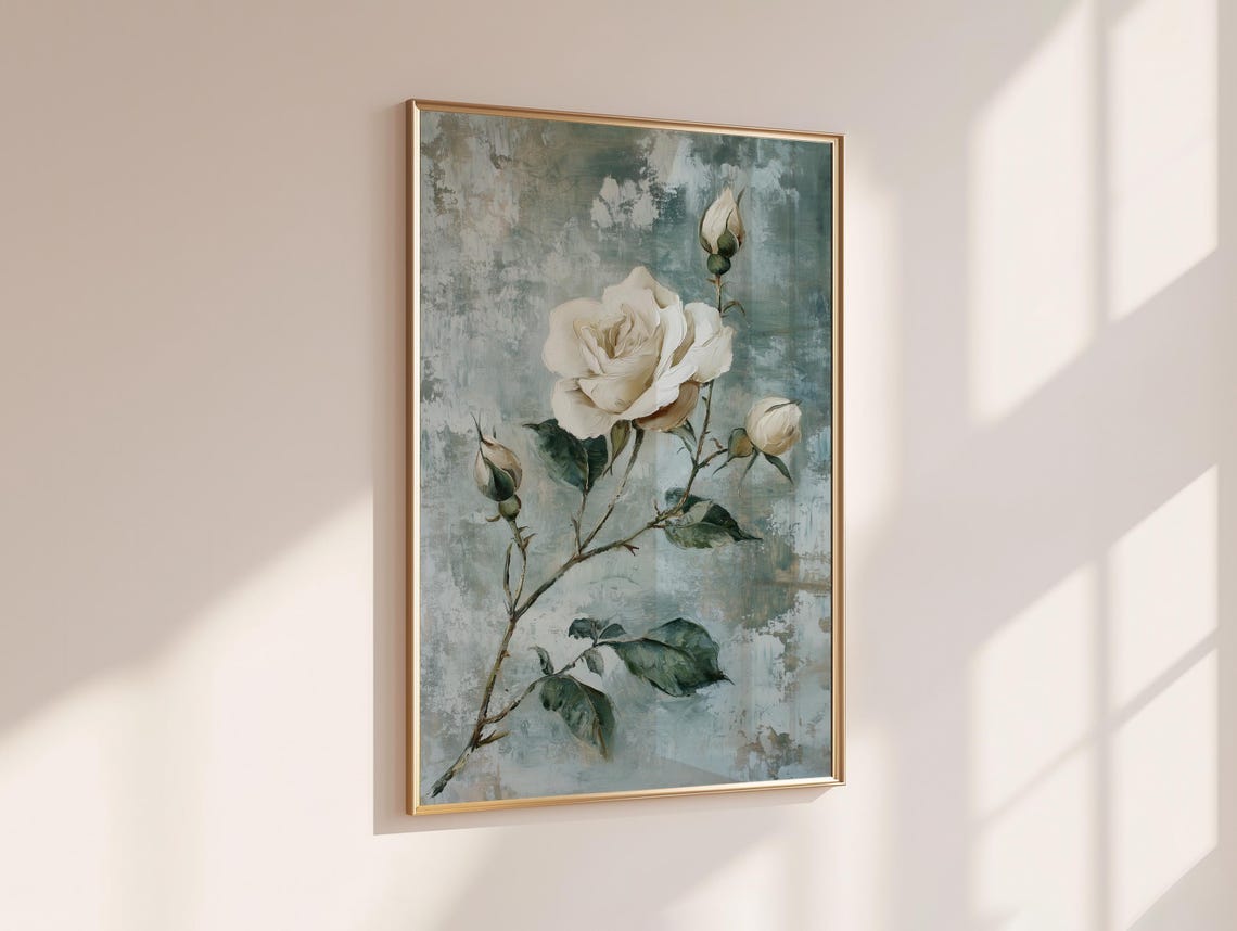 White Rose Bloom Vintage Teal Gray Romantic Floral Home Decor Poster - Image 6