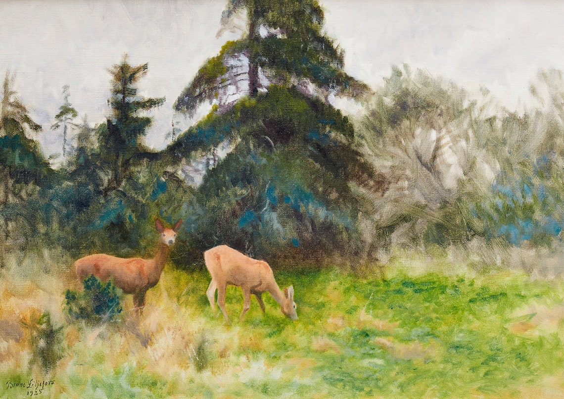 Two Roe Deer In Summer Meadow Pine Forest Wildlife Painting Poster - Image 7