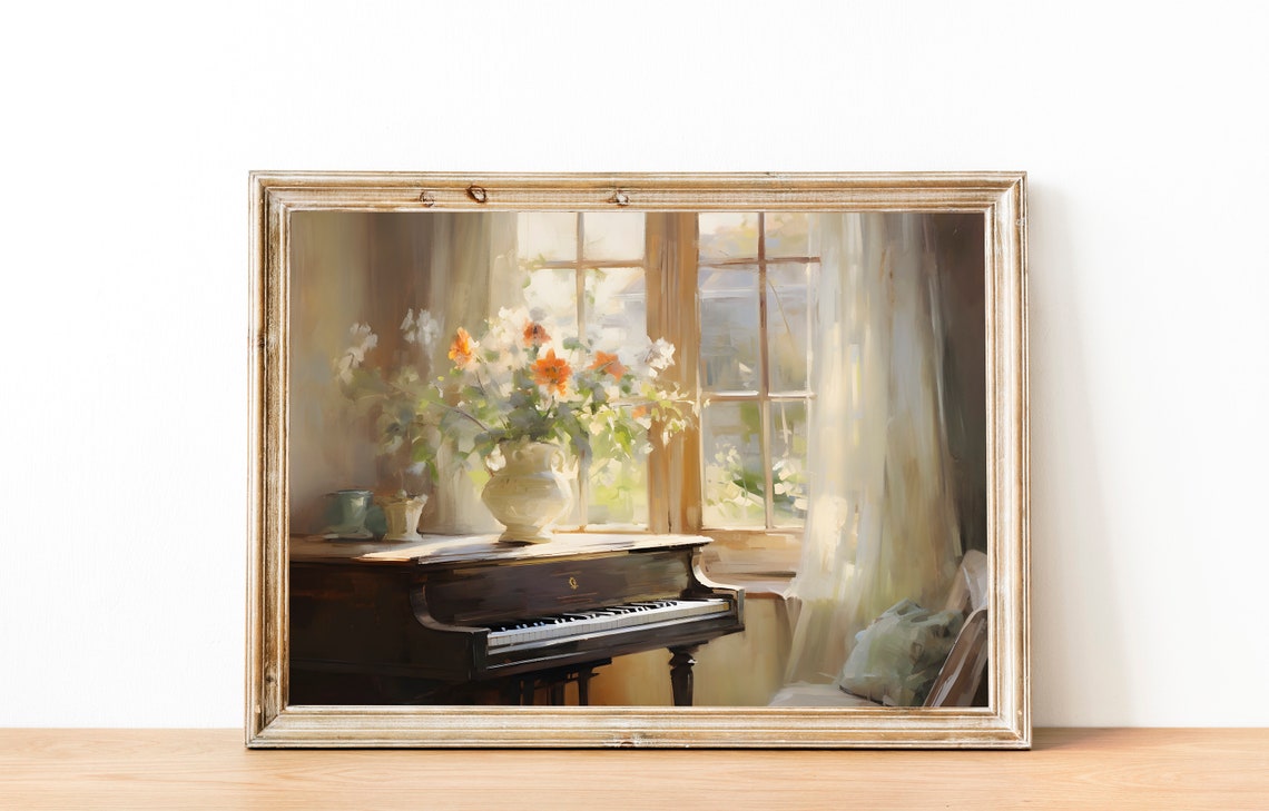 Flowers And Piano Wall Art Antique Piano Painting Vintage Piano Print Soft Tones Living Room Decor Farmhouse Living Room Art - Image 2