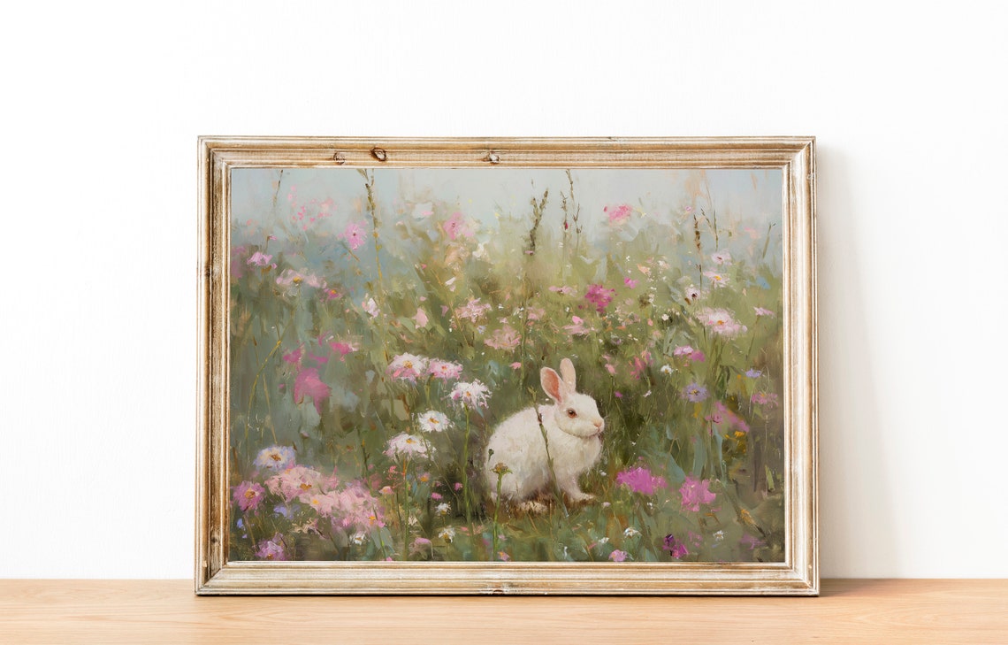 White Bunny in Wildflower Meadow Impressionist Animal Poster - Image 2